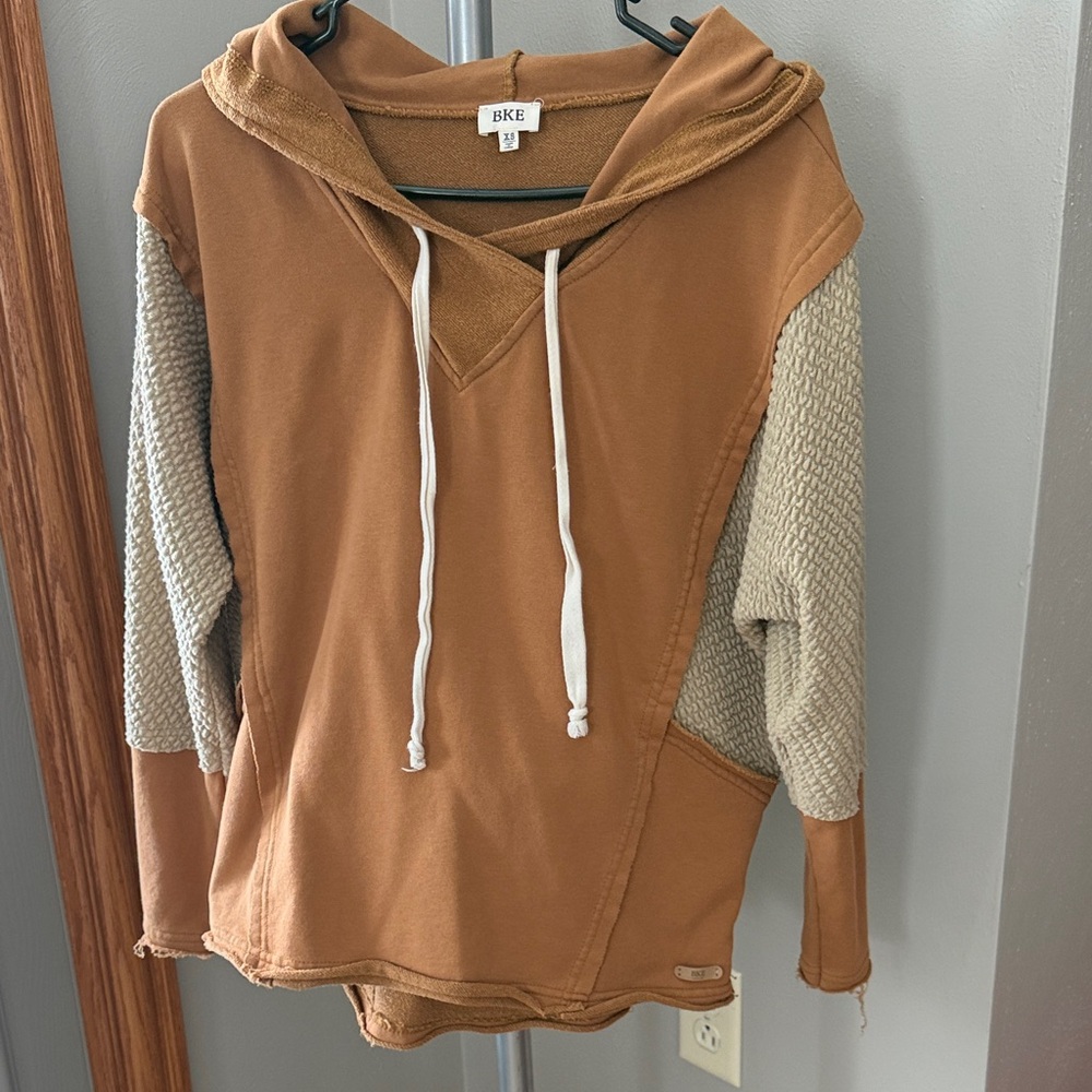 BKE Brown and Cream Hoodie with Knit Sleeves